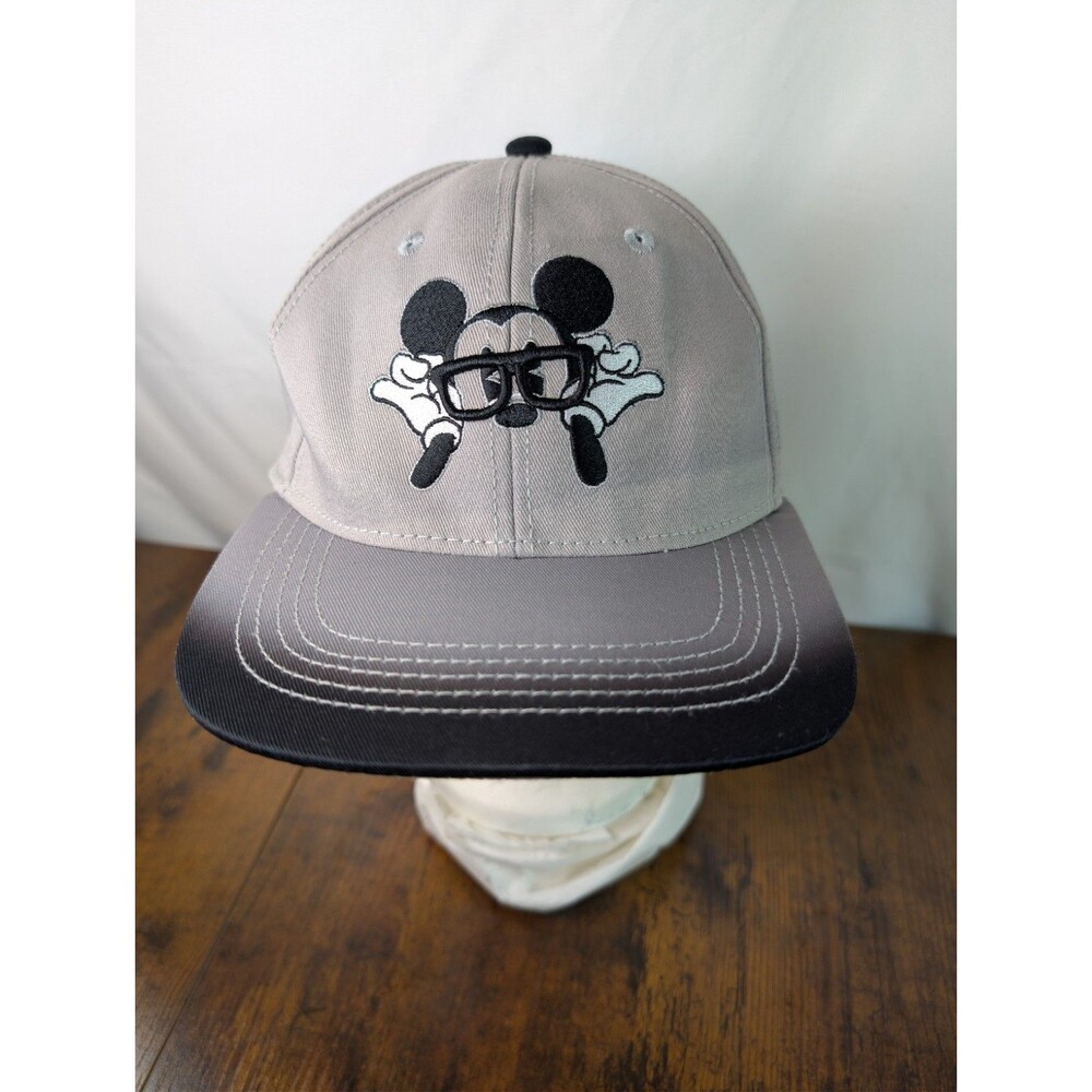Disney Parks Mickey Mouse Glasses Flat Brim Hat Gray Snap Back Embroidered Cap